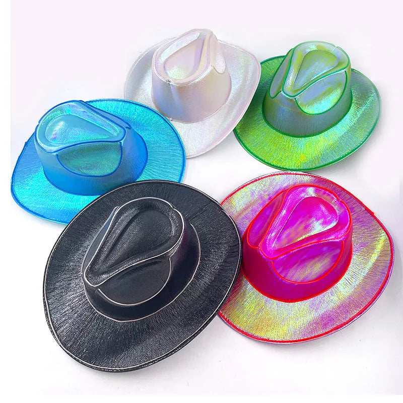 LED wireless fluorescent cowboy flashing hat in green, front view, EVA and EL wire construction, average size