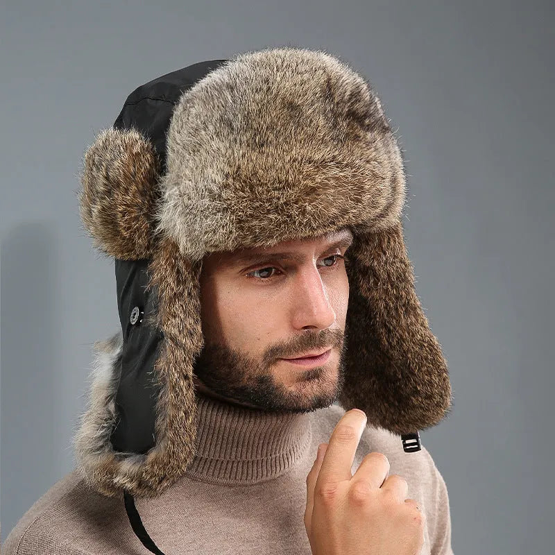 Rabbit fur unisex thickened winter hat with retro dome crown in black cloth black hair colour