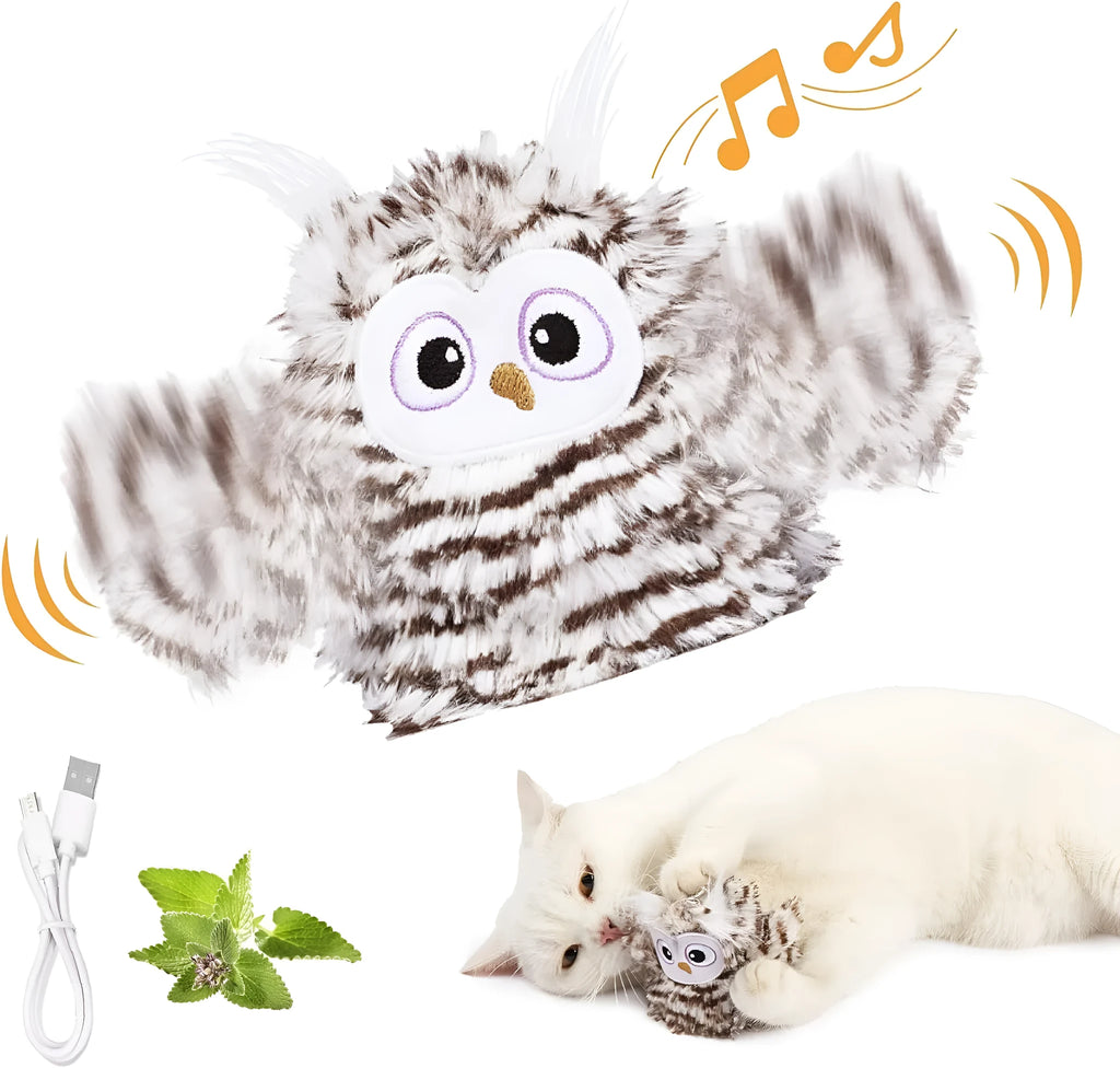 Grey rechargeable automatic owl cat toy with flapping wings for indoor cats