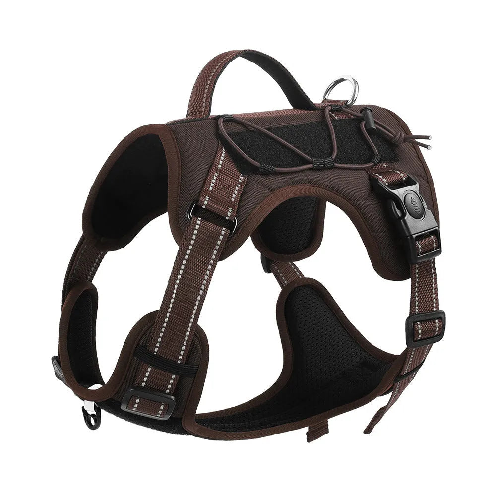 Reflective dog harness vest with integrated hand-holding rope leash in orange colour showing explosion-proof chest strap design