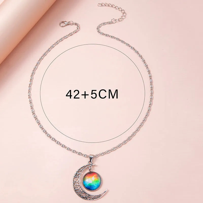 Silver hollow moon pendant necklace with glass star on Figaro chain 40cm women