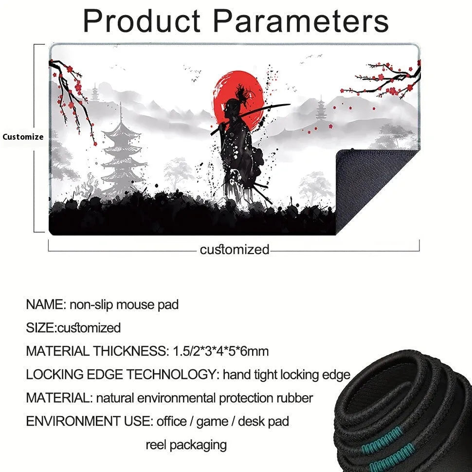 Japanese samurai design gaming mouse pad with cloth surface on a desk.