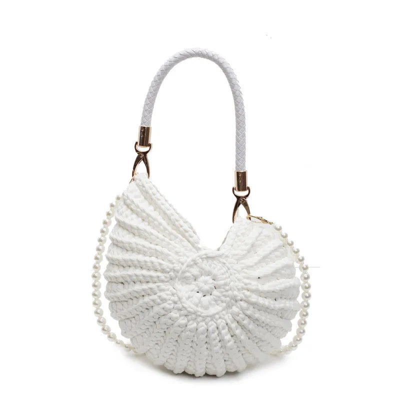 Handmade woven bag women's shell shape cloth crossbody double shoulder straps Milky White finished product