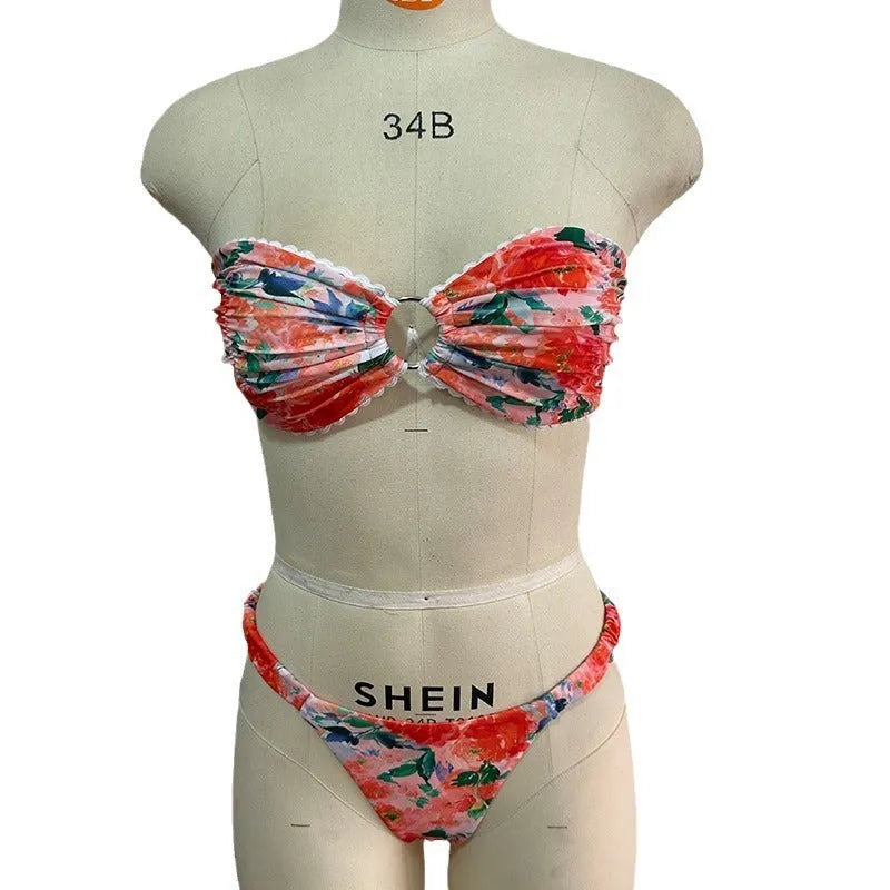 Women's floral printed tube top bikini set with lace trim in blue colour