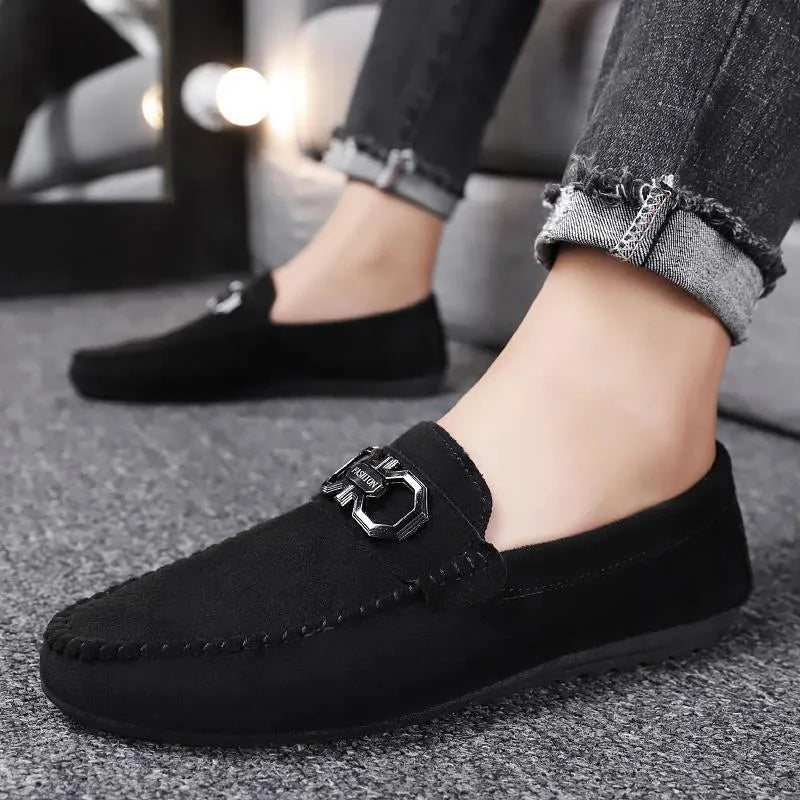 Men's black suede casual shoes with rubber sole, breathable summer footwear