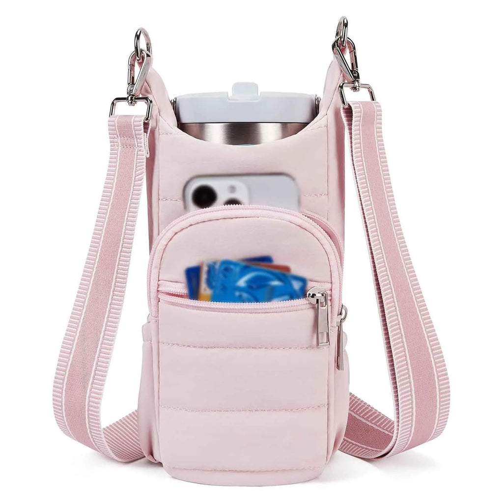 Cloth water bottle bag for bicycle mounting in black, pink, or beige colours