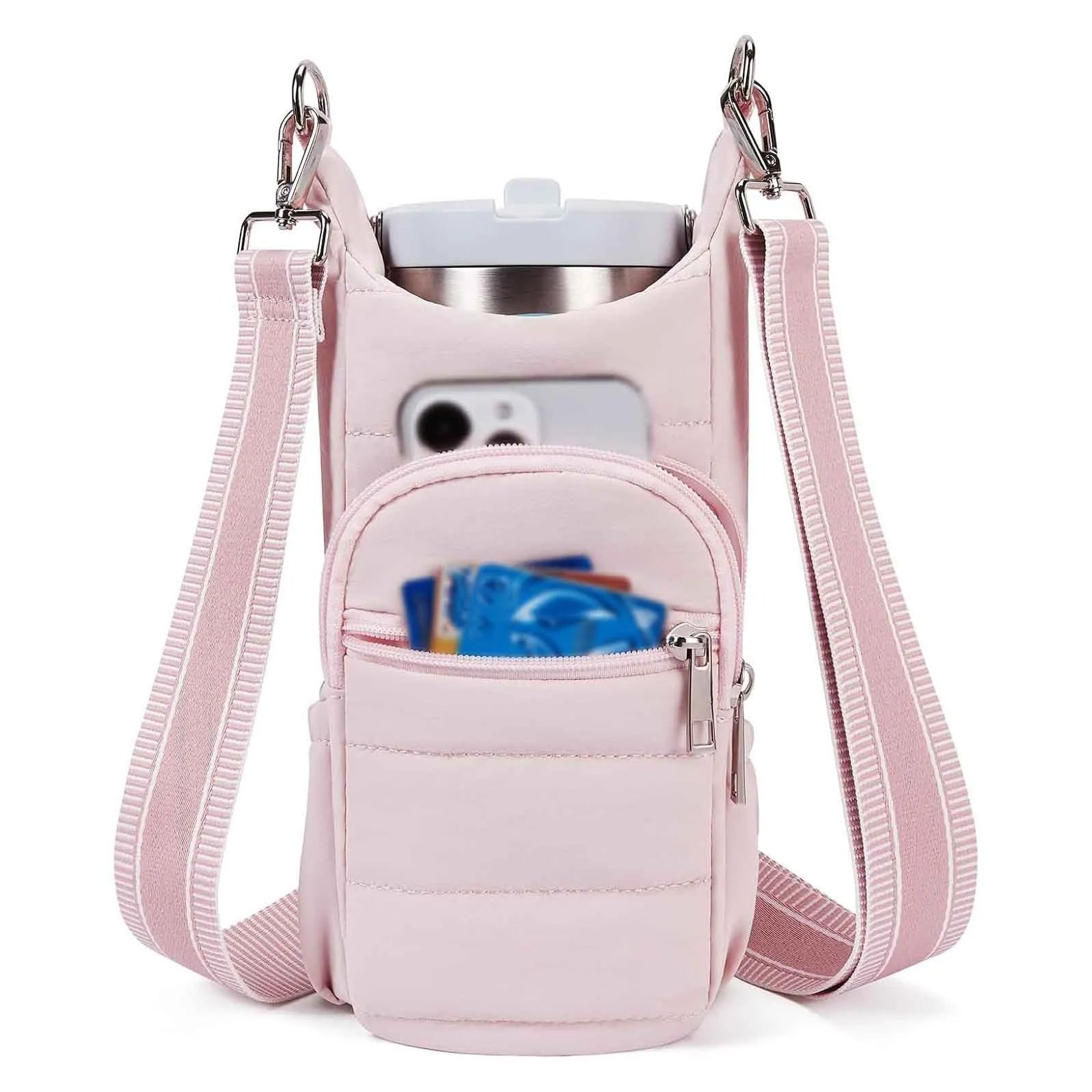 Cloth water bottle bag for bicycle mounting in black, pink, or beige colours
