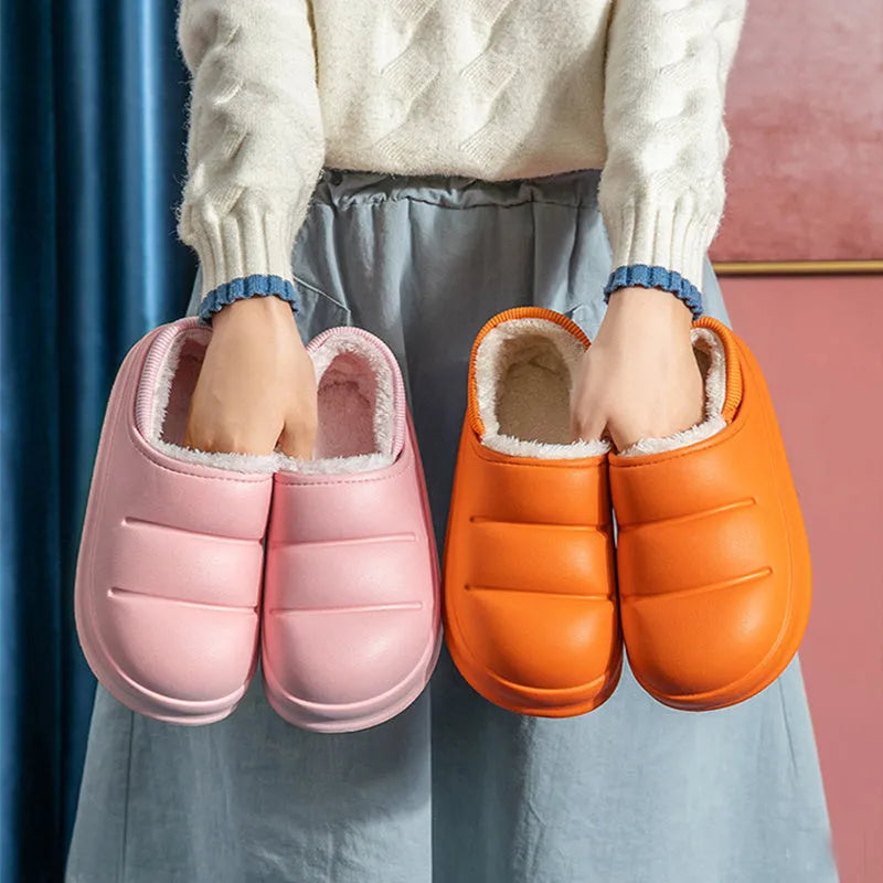 Waterproof EVA couple slippers in multiple colours with a non-slip sole and plush lining for winter.