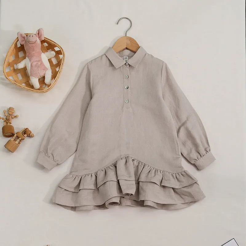 Children's cotton linen long sleeve dress with shirt collar and double-layer ruffled skirt in solid Hemp colour