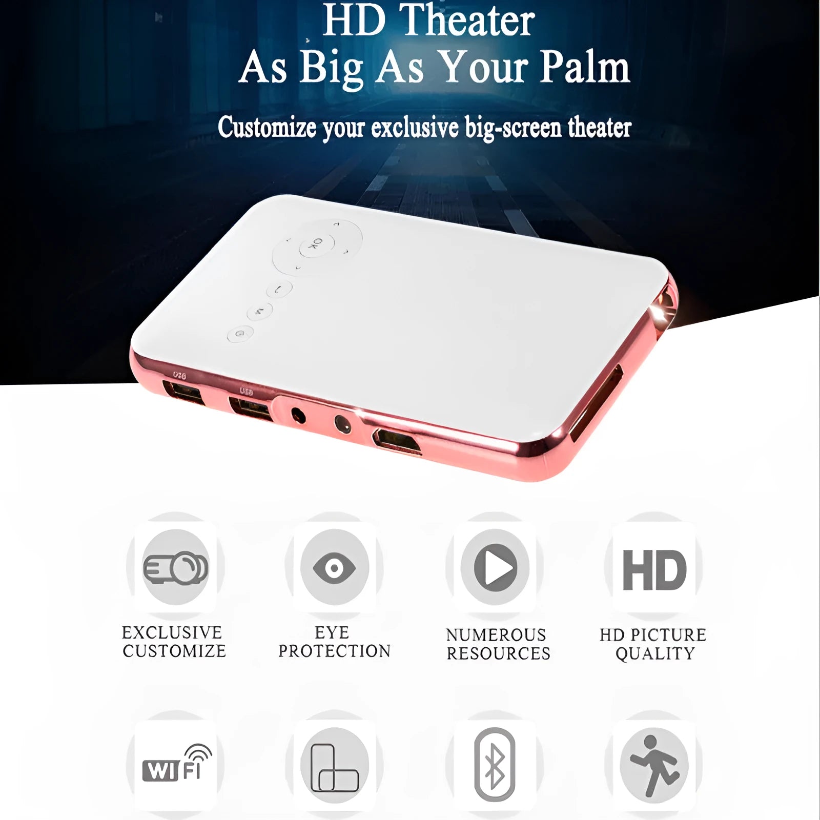 White and rose gold M6S miniature portable DLP Android projector with smart phone.