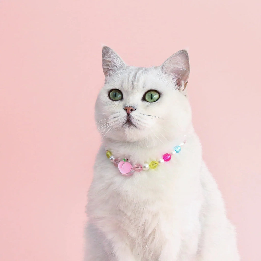 Adjustable colourful bead cat necklace in small flower, rainbow, or peach design on a white background.
