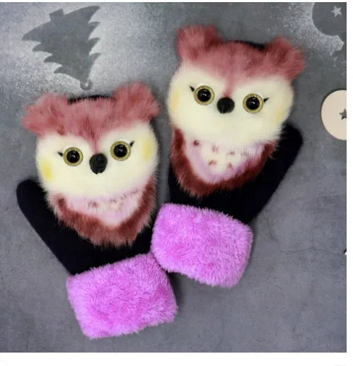 Cartoon animal autumn winter warm mittens 28cm red one size