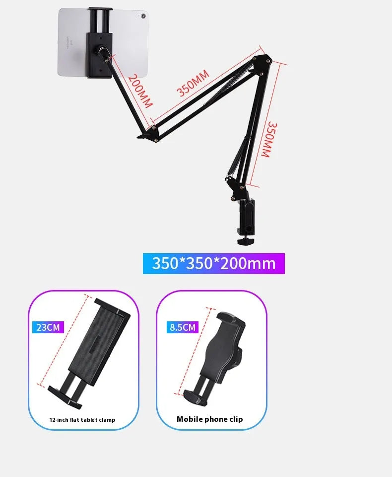 Black foldable metal desktop cantilever bracket holding a tablet, showing adjustable arms and clamping mechanism.