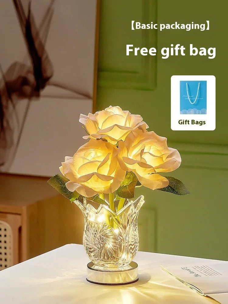 Crystal flowers rechargeable touch control table lamp with infinite dimming on bedside table