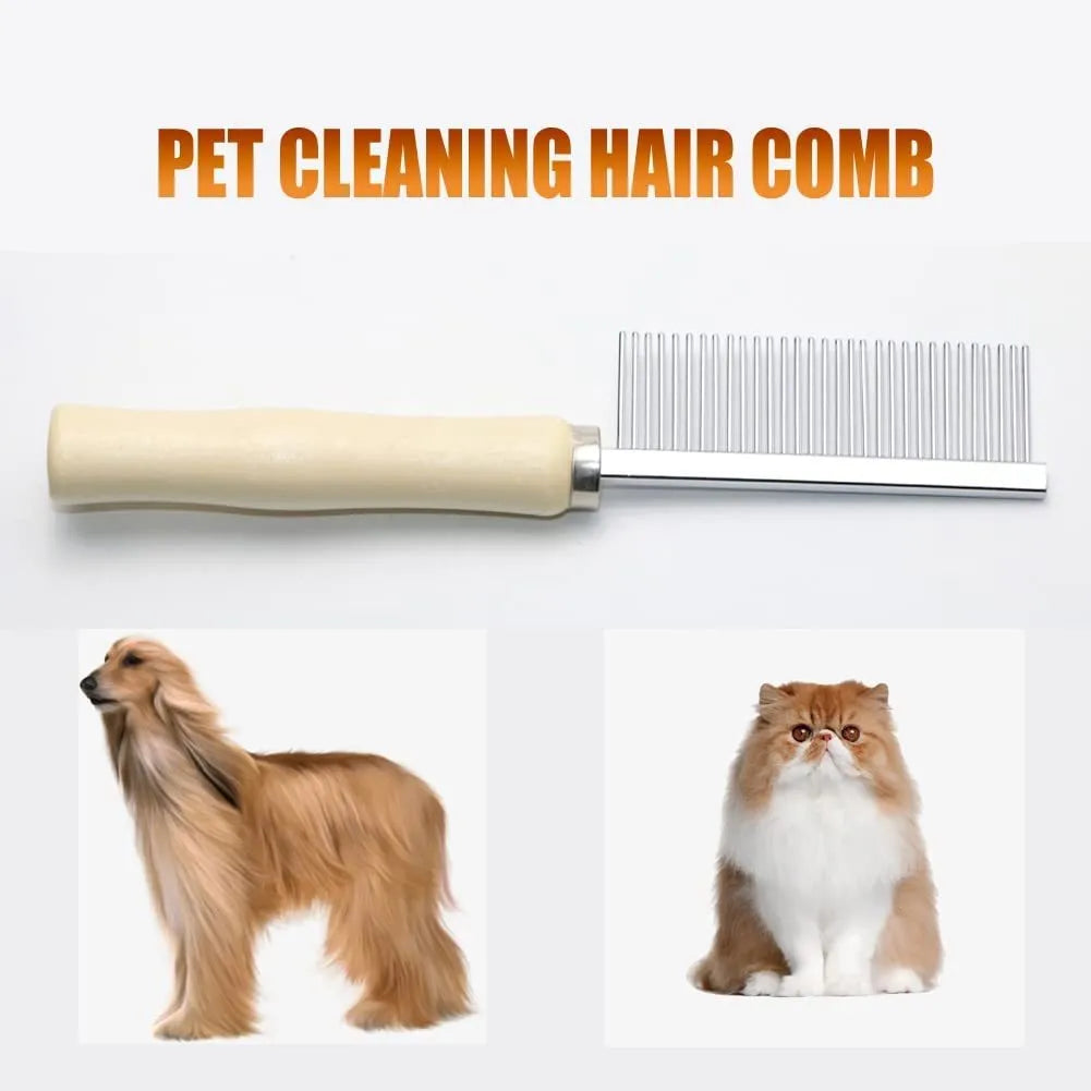 Wooden handle pet grooming comb for dogs and cats showing three comb head variations